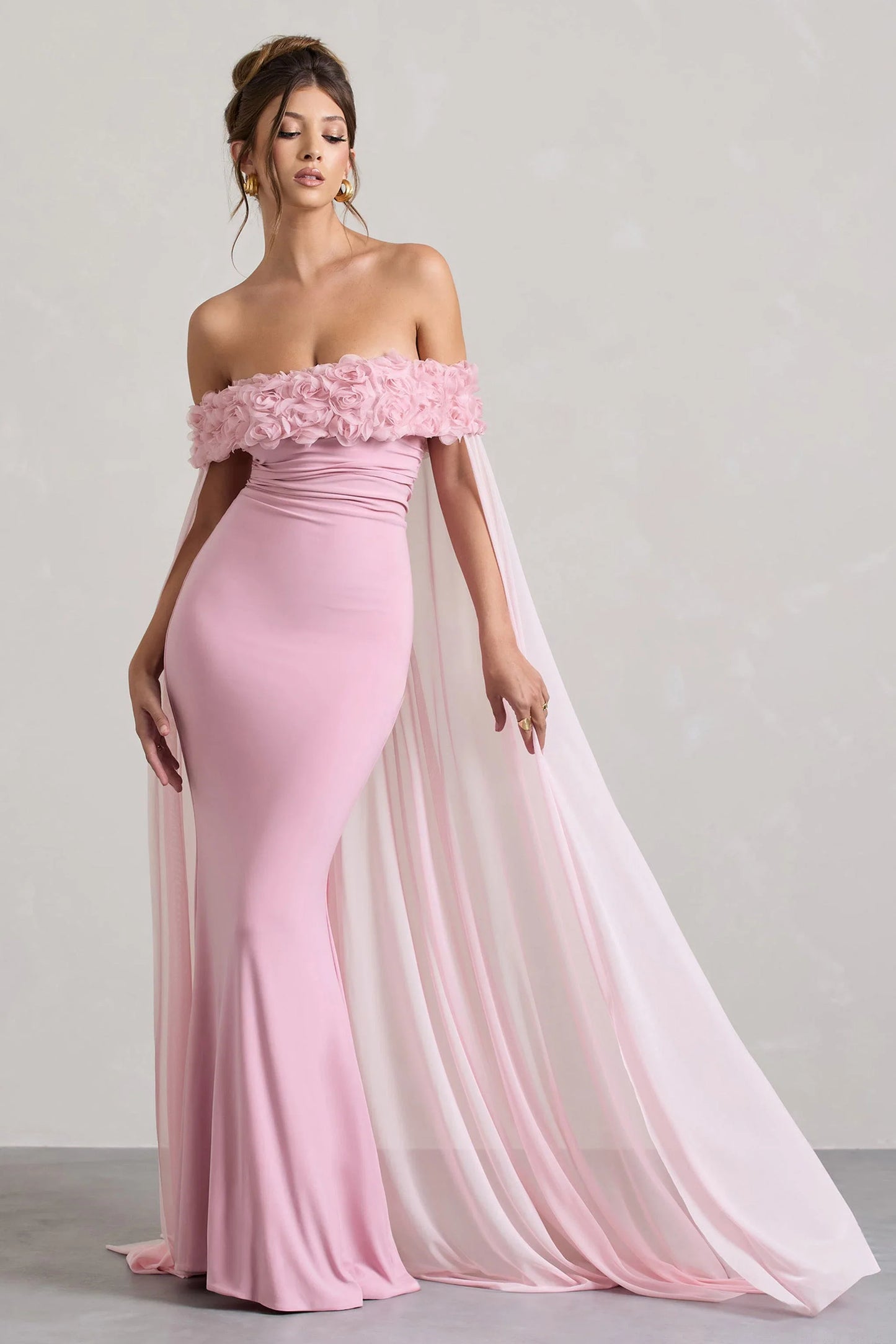 Avant Garde Blush Pink Floral Bardot Fishtail Maxi Dress With Mesh Cape