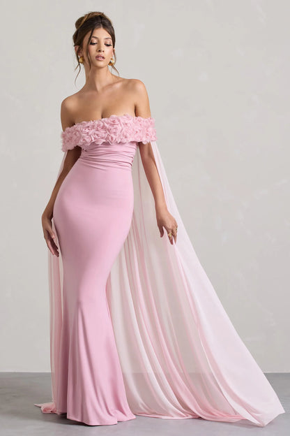 Avant Garde Blush Pink Floral Bardot Fishtail Maxi Dress With Mesh Cape