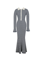 Xelie Navy White Cotton Terry Knit Mermaid Maxi Dress