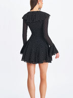 Omari Black Chiffon Polka Dot Ruffled Neckline Mini Dress