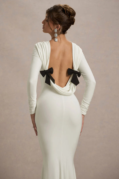 Rosalee Cream Long Sleeve Cowl Back Maxi Dress With Bows