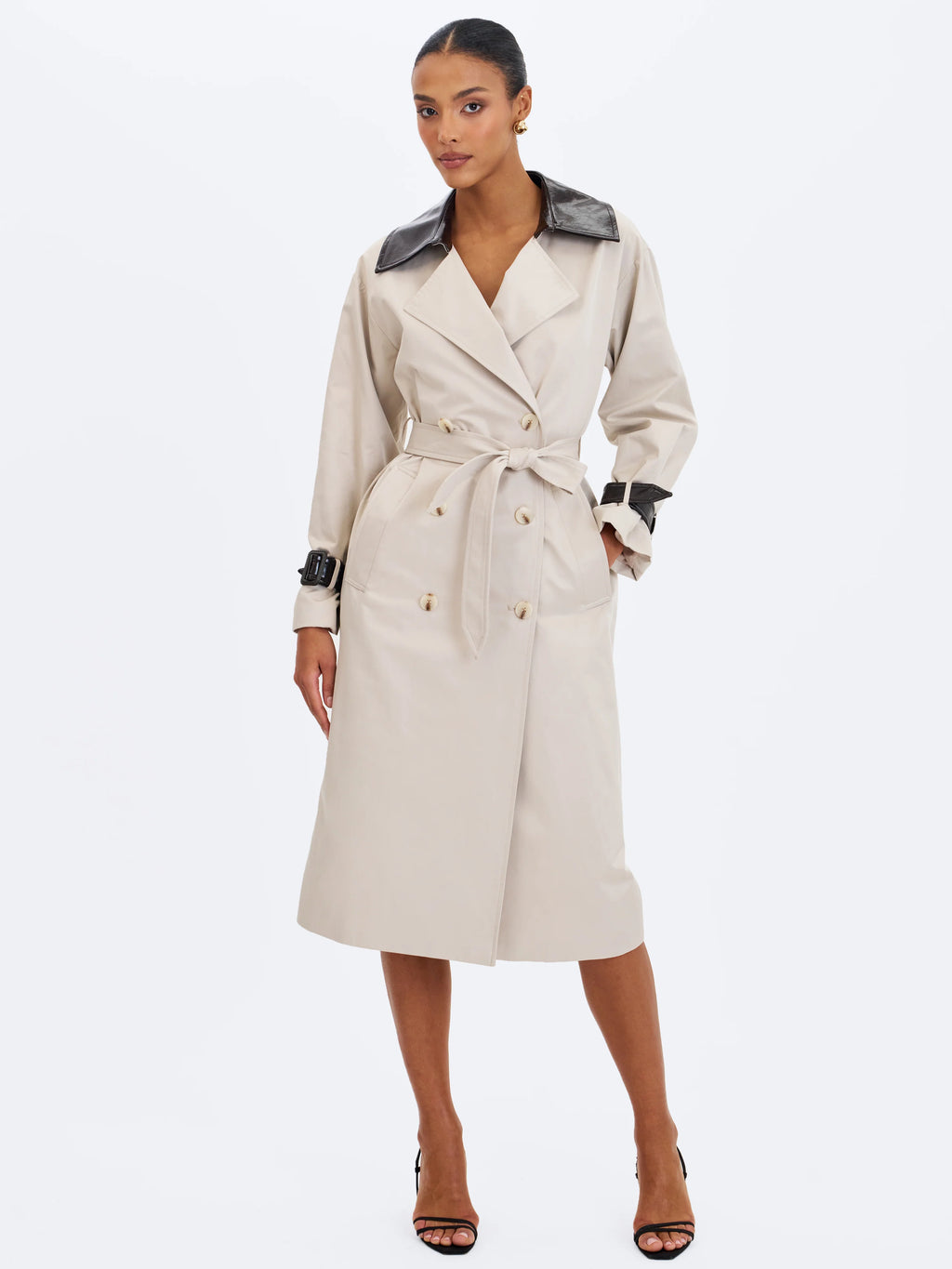 Umber Oyster Double Breasted Faux Leather Lapel Trench Coat