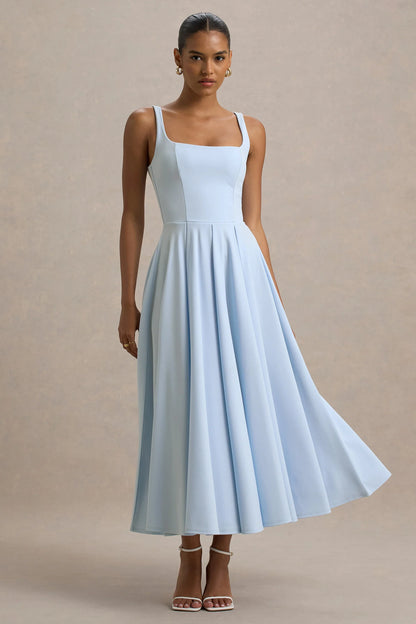 Parina Powder Blue Strappy Volume Hem Midi Dress