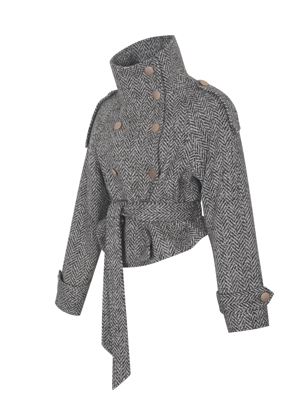 Sadie Brown White Herringbone High Collar Belted Mini Jacket