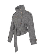 Sadie Brown White Herringbone High Collar Belted Mini Jacket