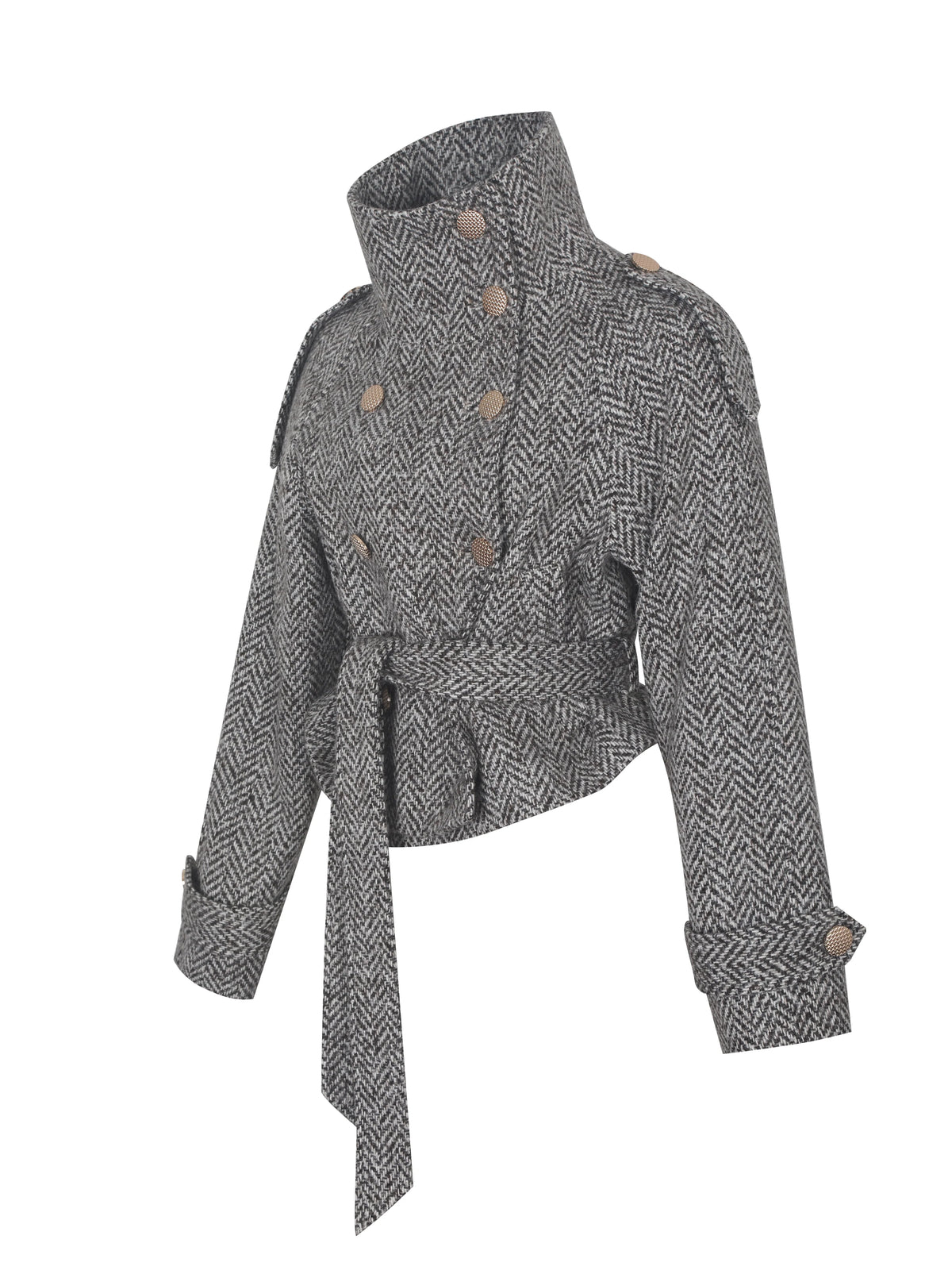 Sadie Brown White Herringbone High Collar Belted Mini Jacket