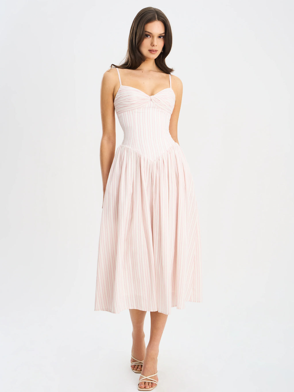 Zania Pink Stripe Cotton Jacquard Midi Dress