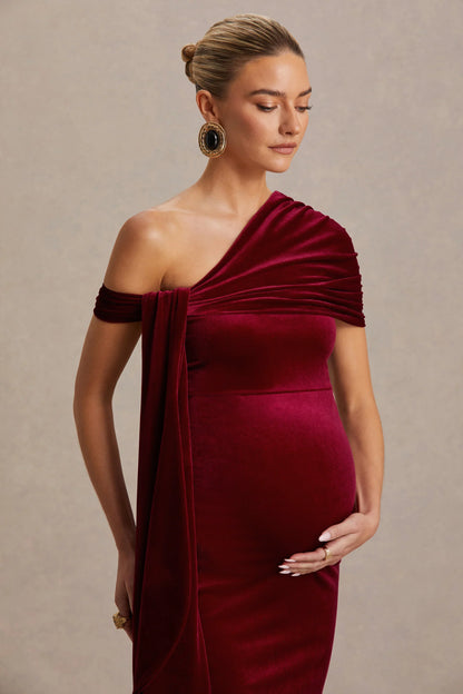 Zena Burgundy Velvet Asymmetric Neck Maternity Midi Dress With Knot And Sash Detail