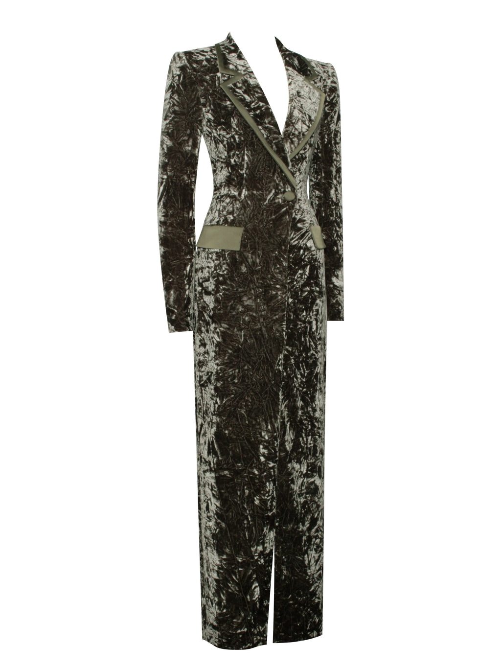 Willow Green Glossy Velvet High Slit Blazer Gown Archive Sale