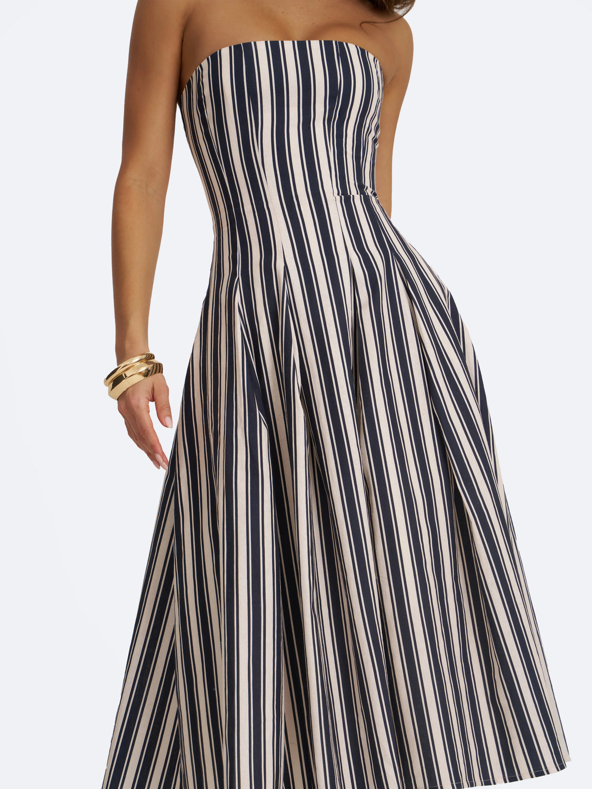 Wyanne Black White Linen Striped Strapless Midi Dress