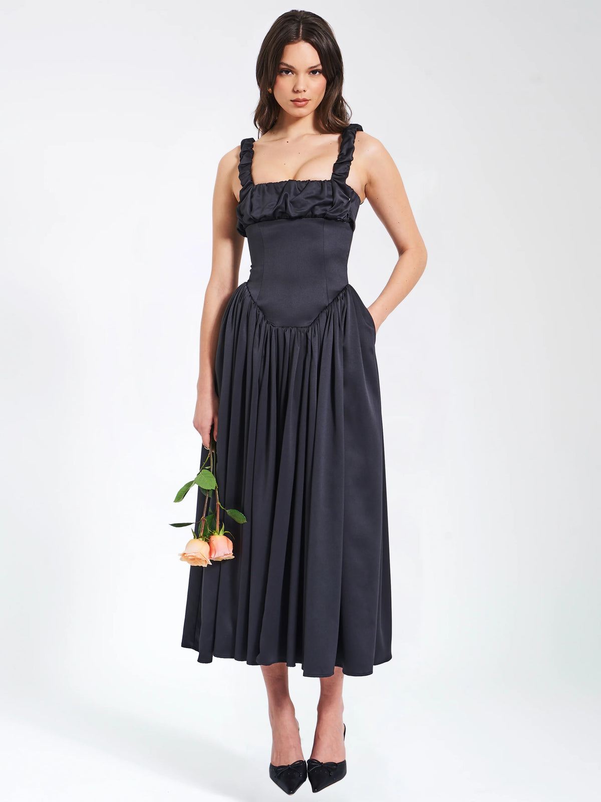 Noreen Black Satin Drop Waist Maxi Sundress Archive Sale