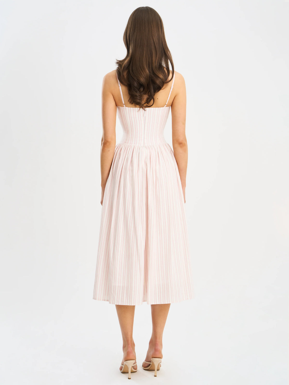 Zania Pink Stripe Cotton Jacquard Midi Dress