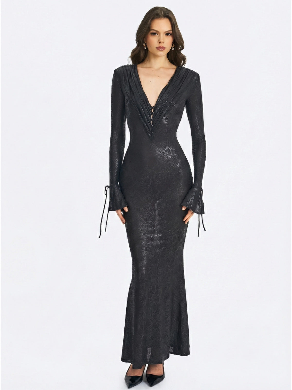 Ilysia Black V Neck Plunge Snakeskin Mermaid Hem Maxi Dress