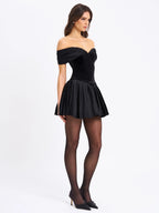 Echo Black Velvet Off shoulder Pleated Mini Dress