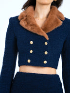 Wava Navy Blue Double Breast Fur Trim Cropped Boucle Wool Jacket Archive Sale