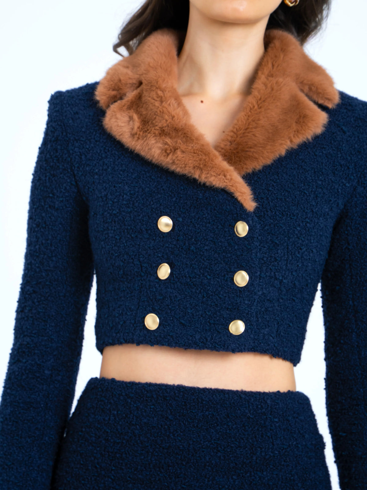 Wava Navy Blue Double Breast Fur Trim Cropped Boucle Wool Jacket Archive Sale
