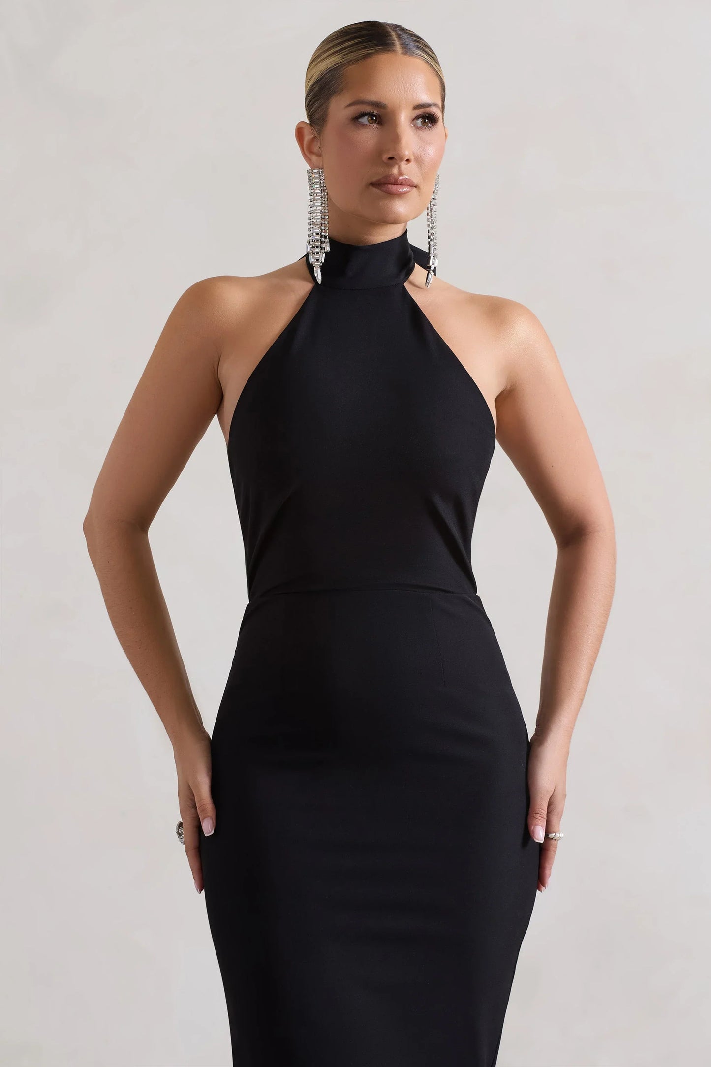 Ashton Black High Neck Midi Dress With Ruffle Hem