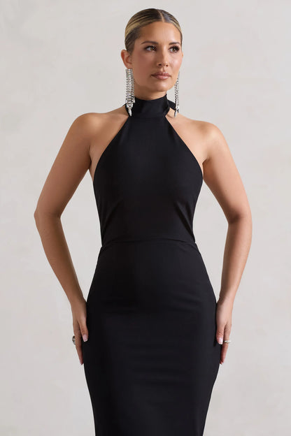 Ashton Black High Neck Midi Dress With Ruffle Hem