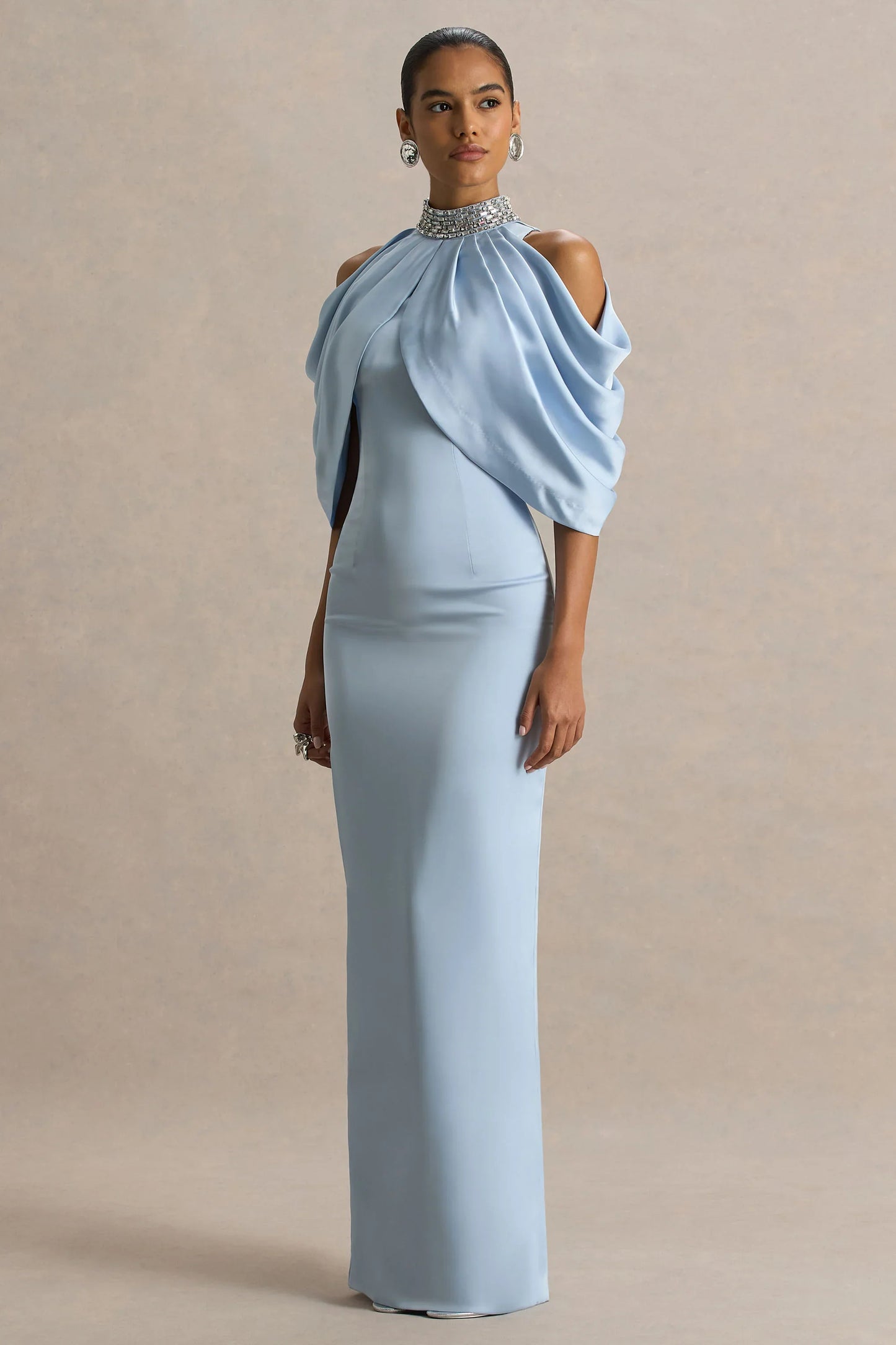 Sulliana Powder Blue Satin High Neck Maxi Dress With Embellished Detail And Cape Sleeves