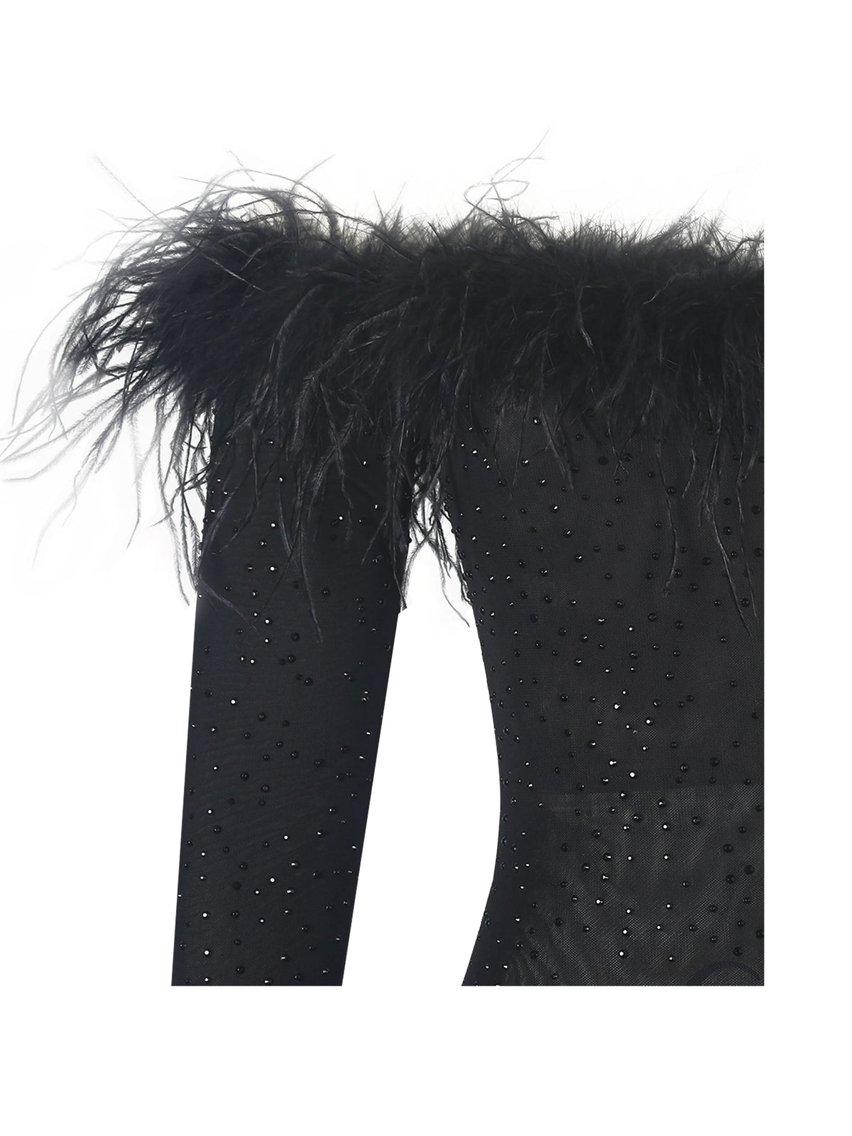 Emberly Black Fur Trimmed Off Shoulder Rhinestone Mermaid Maxi Dress