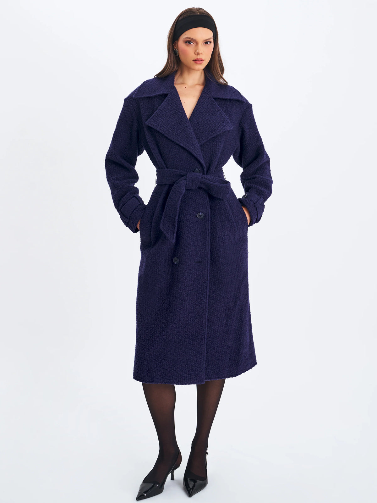 Jaelyn Midnight Blue Wool Blend Double Breasted Belted Coat