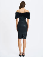 Bellis Black Fur Trim Mesh Panel Off Shoulder Midi Dress
