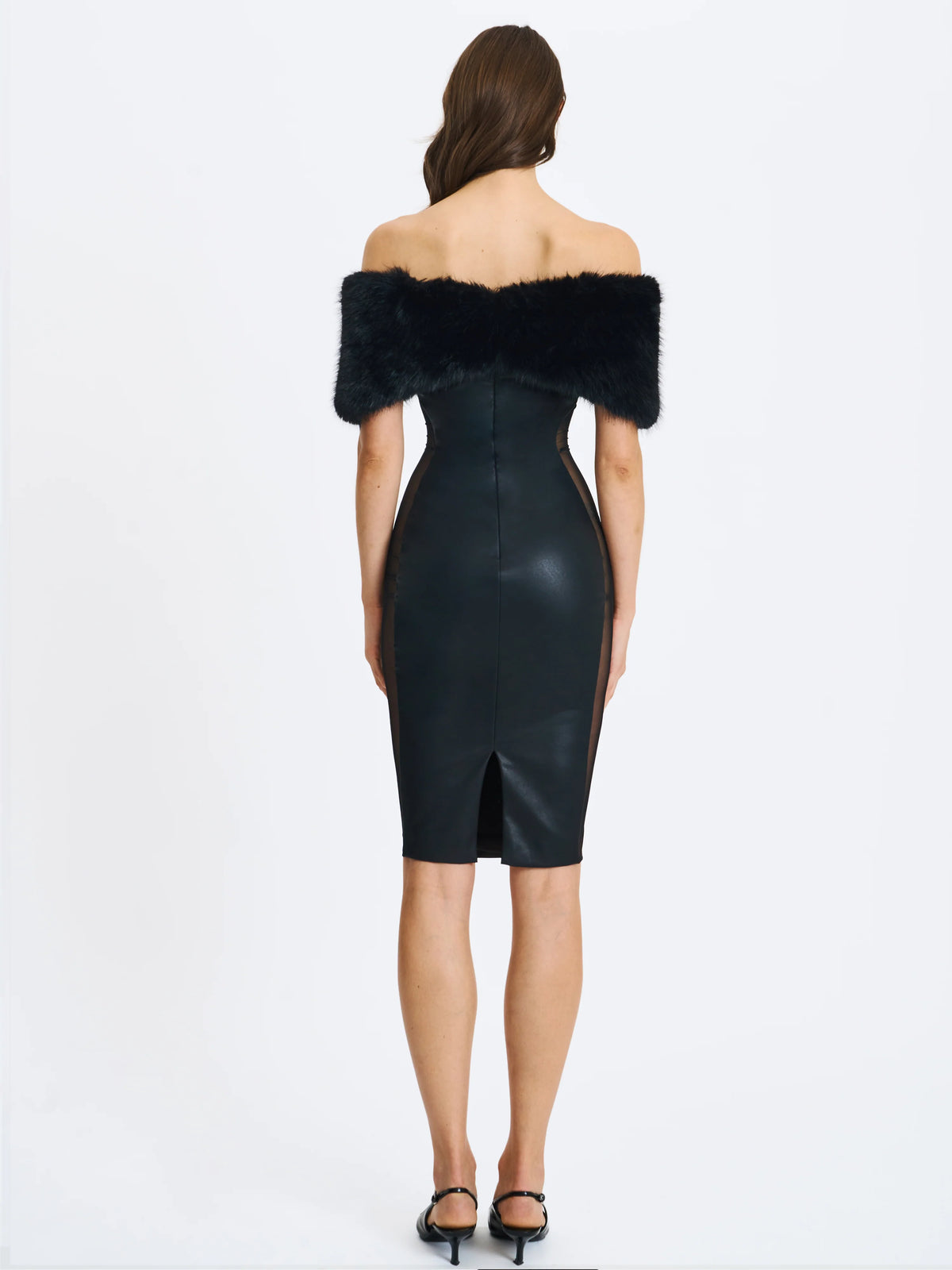 Bellis Black Fur Trim Mesh Panel Off Shoulder Midi Dress