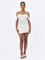 Umnia White Mesh Off Shoulder Drape Mini Dress