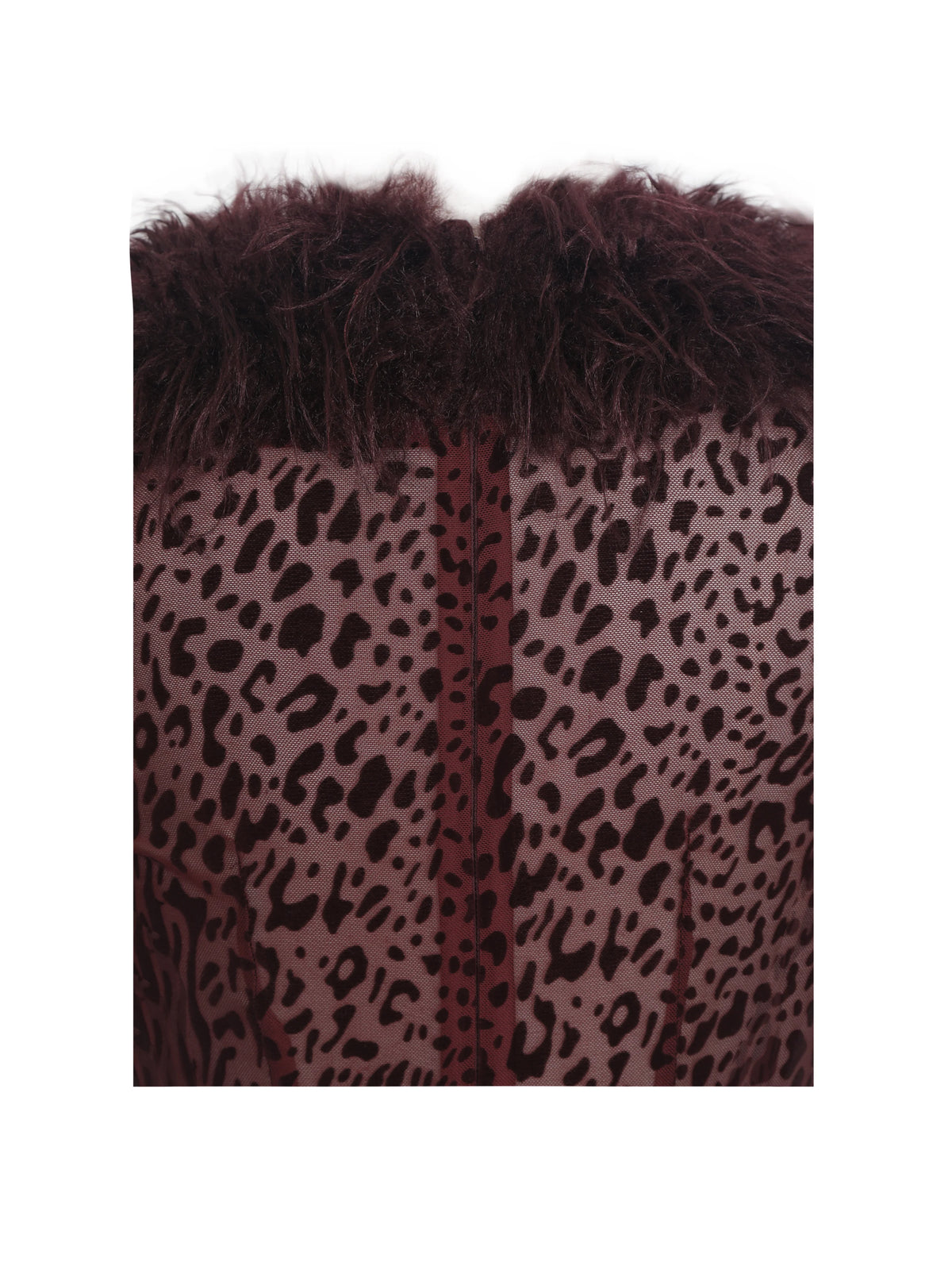 Luana Burgundy Plunging Fur Trimmed Burnout Mesh Maxi Dress