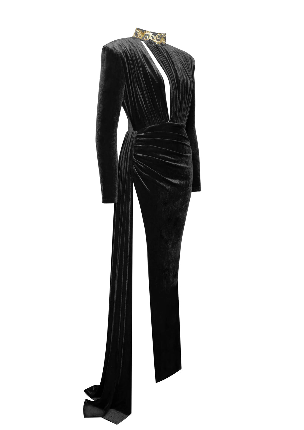 Zenaida Black Cutout High Slit Velvet Gown Archive Sale