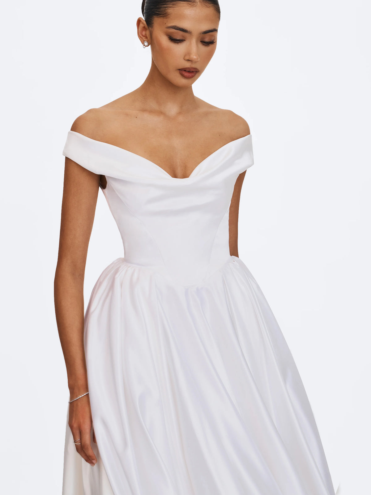 Unna White Satin Bardot Cowl Wedding Gown