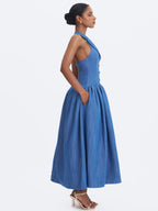 Xyan Navy Denim Lapel Halter A Line Midi Dress