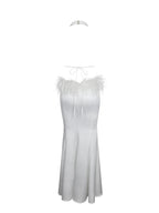 Solene Pleated Halter Backless Feather Trim Maxi Dress