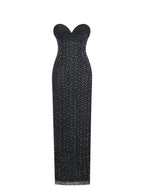 Preslie Black Satin Crystal Mesh Sheath Maxi Dress