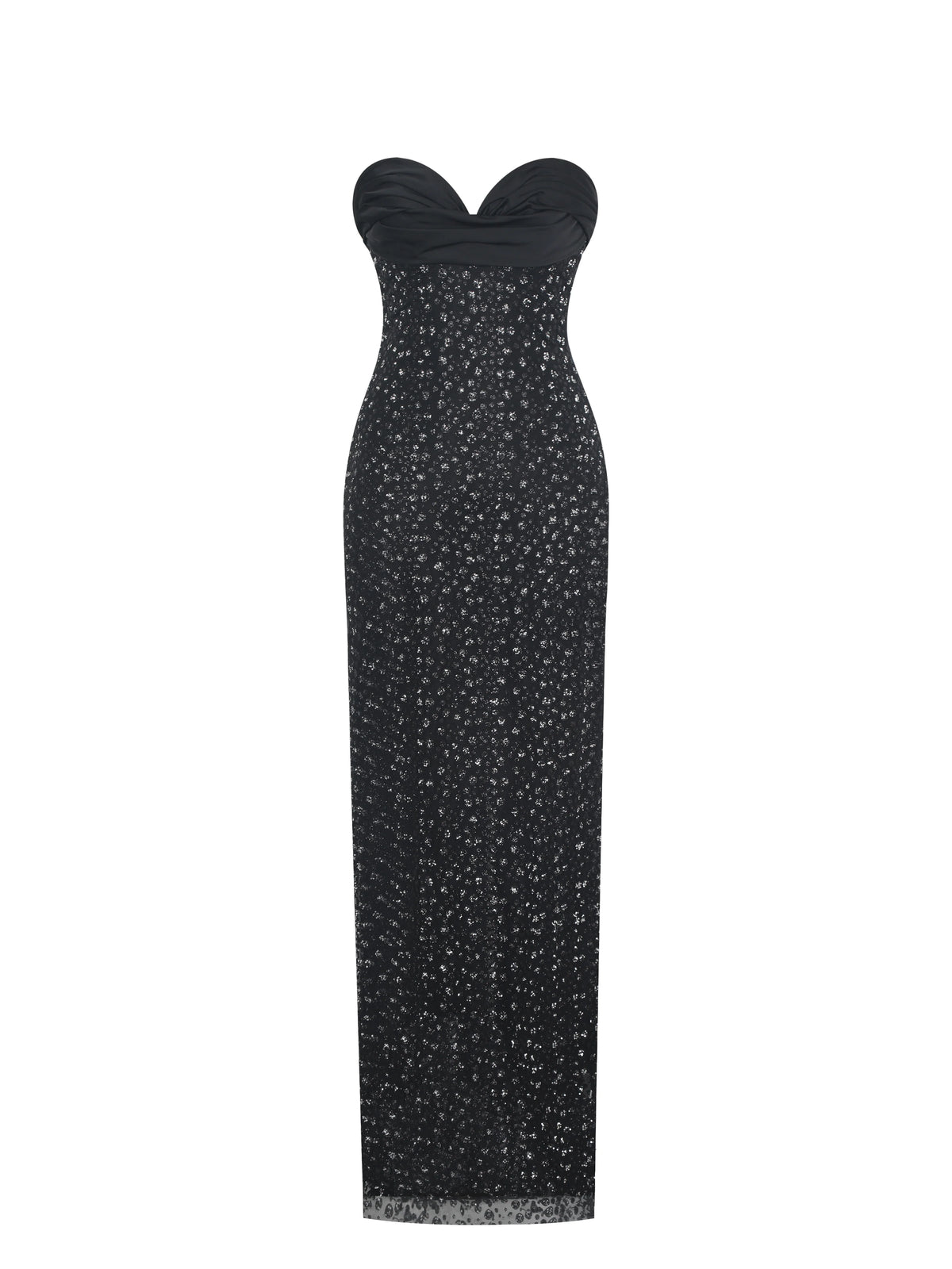 Preslie Black Satin Crystal Mesh Sheath Maxi Dress