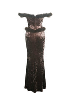 Tessa Coffee Sweetheart Bardot Faux Fur Velvet Mermaid Maxi Dress