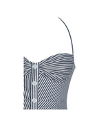 Melody Navy Blue Cotton Poplin Stripe Halter Drop Waist Mini Dress