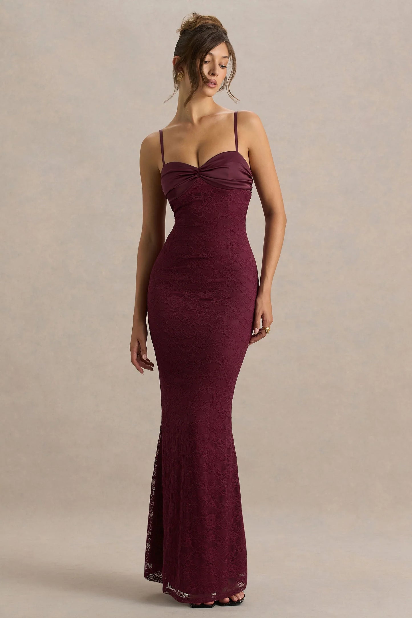 Juana Burgundy Lace And Satin Sweetheart Neck Satin Maxi Dress