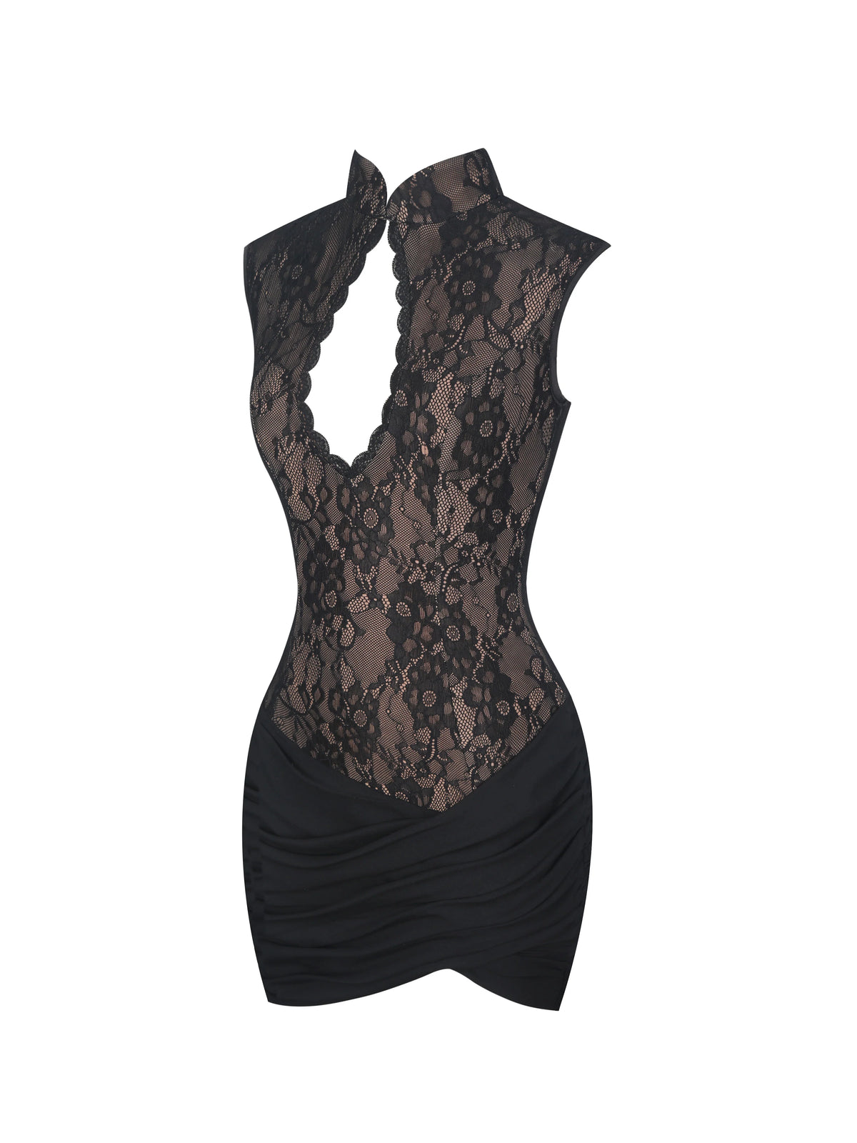 Valerie Black Lace Keyhole Ruched Mini Dress