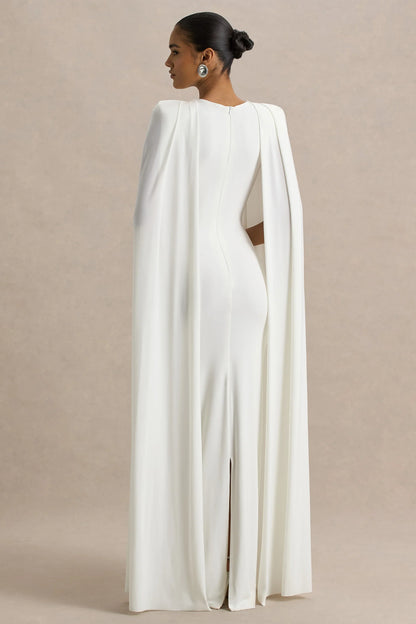 Mimi White Slashed Neck Maxi Dress With Cape Sleeve Detail