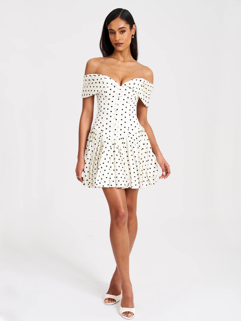 Edeline Polka Dot Off shoulder Pleated Mini Dress