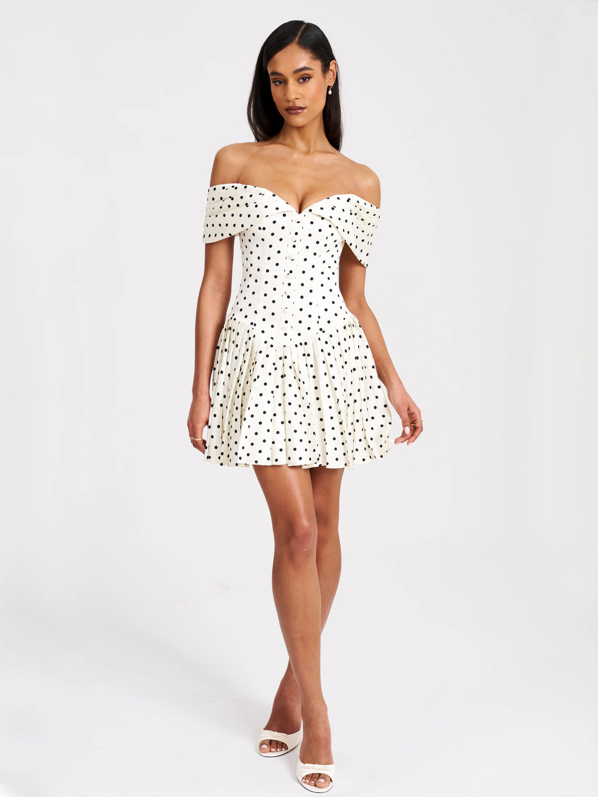 Edeline Polka Dot Off shoulder Pleated Mini Dress