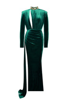 Zenaida Emerald Green Cutout High Slit Velvet Gown Archive Sale