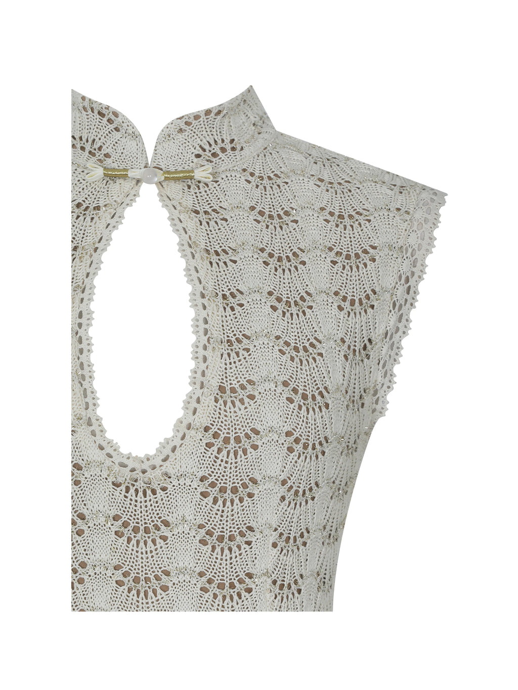 Xylona Beige Gold Crochet Teardrop Neckline Mermaid Maxi Dress