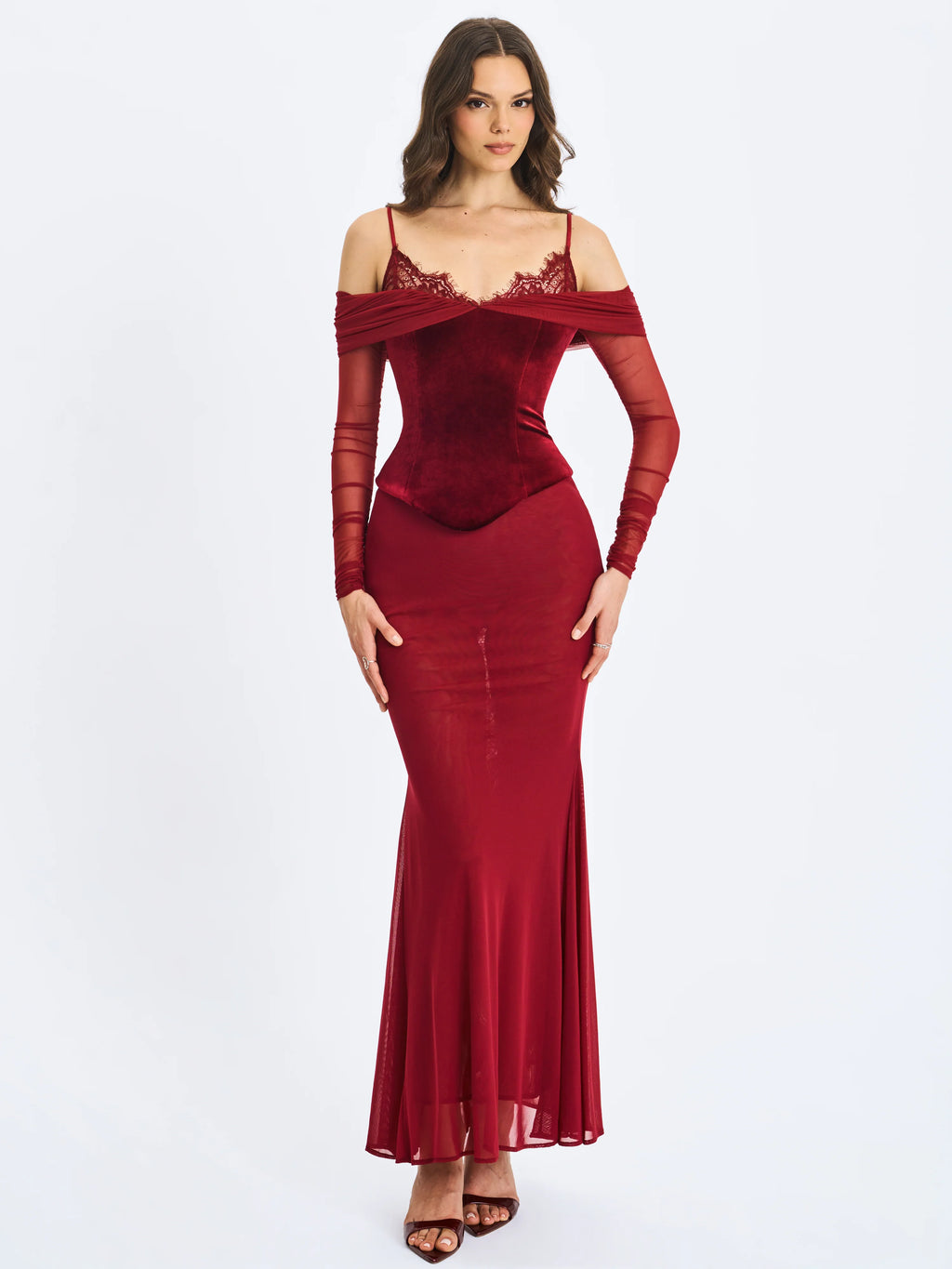 Maybelle Magenta Bardot Lace Strap Peplum Maxi Dress