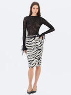 Xylena Black White Zebra Fur Midi Pencil Skirt