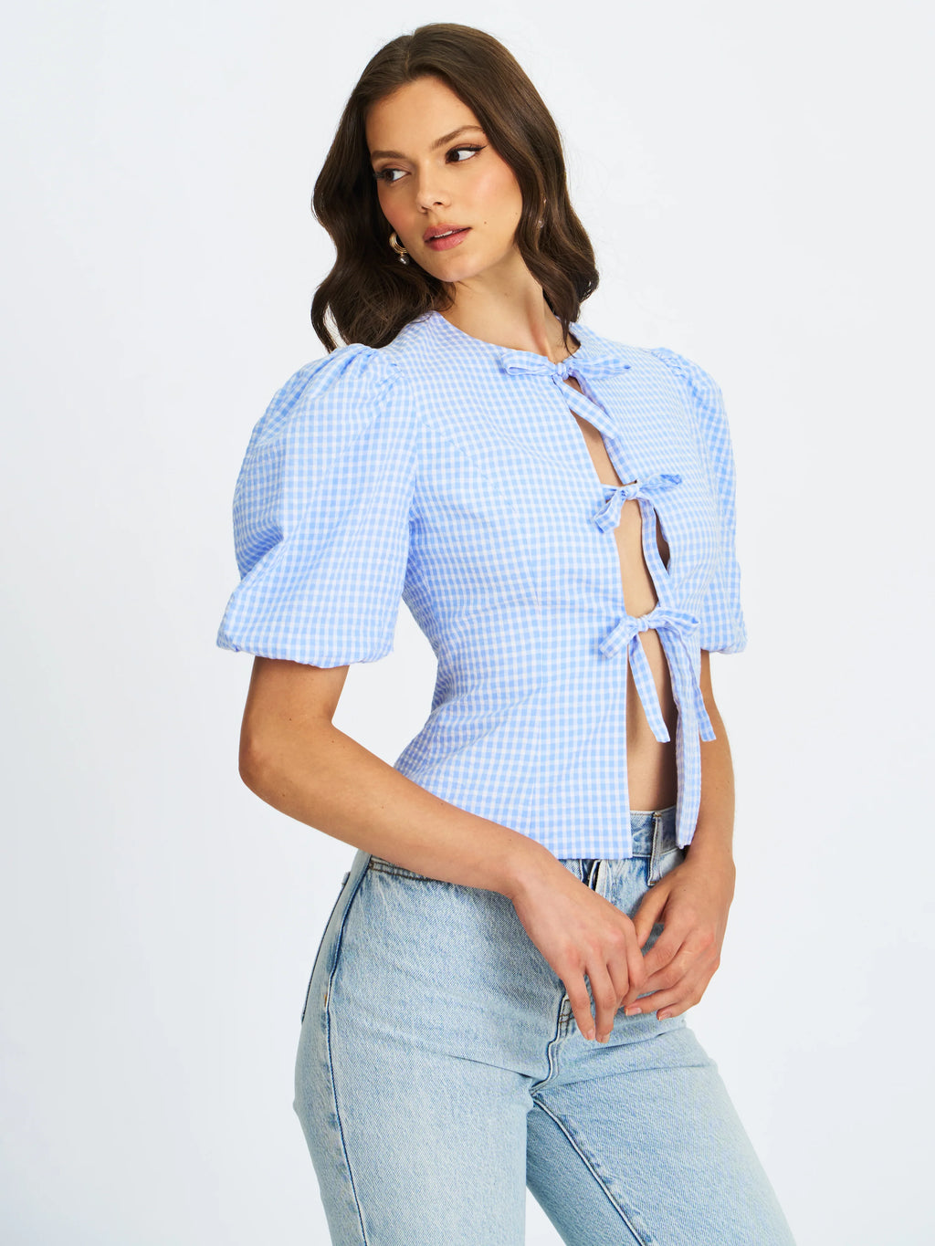 Qusayla Baby Blue Gingham Cotton Bubble Sleeve Bowtie Top