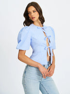 Qusayla Baby Blue Gingham Cotton Bubble Sleeve Bowtie Top