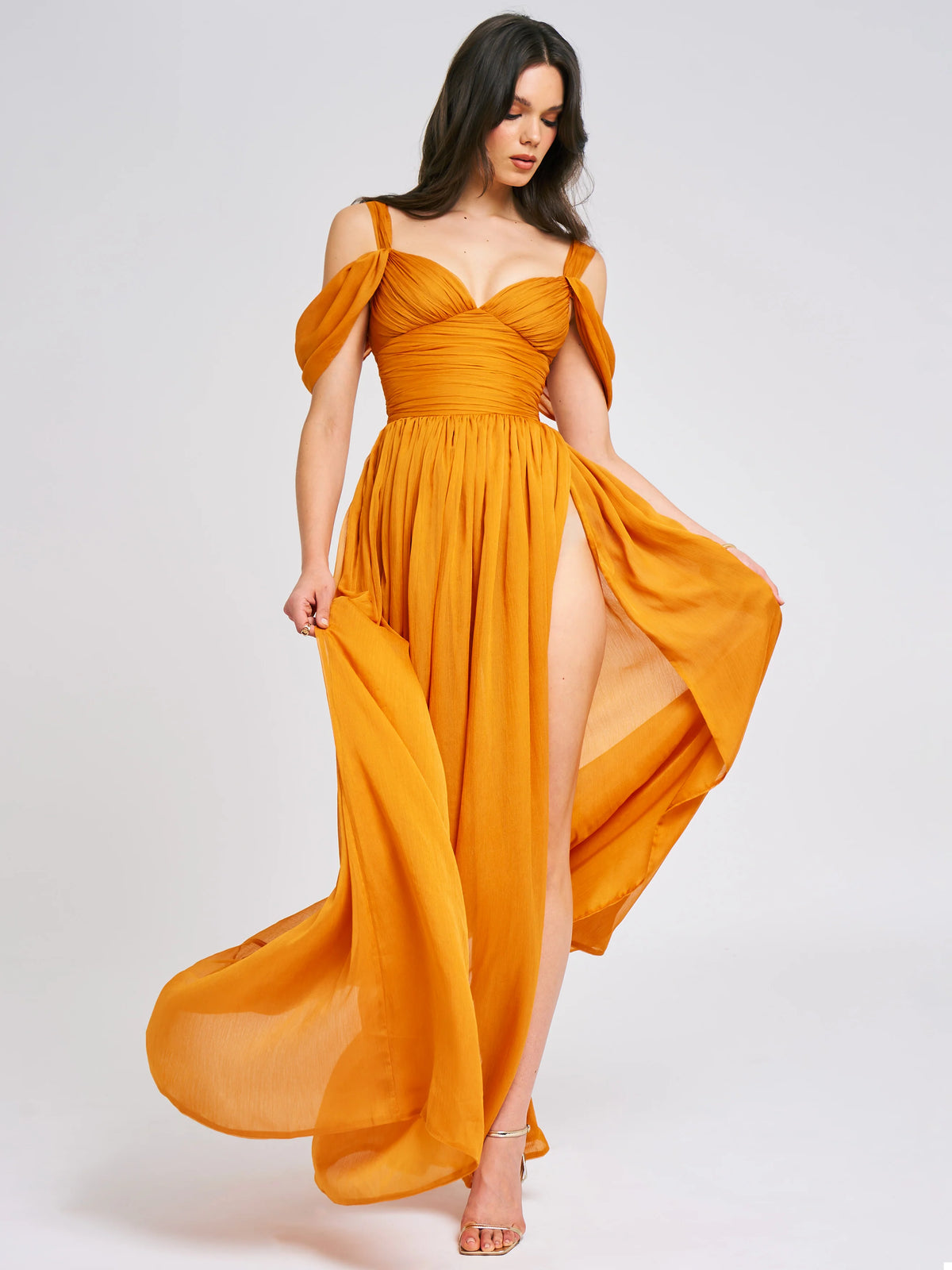 Jelani Layered Mesh High Slit Drape Maxi Dress