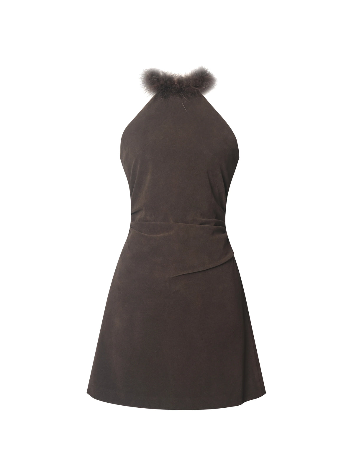 Yael Espresso Vegan Suede Faux Fur Halter Mini Dress